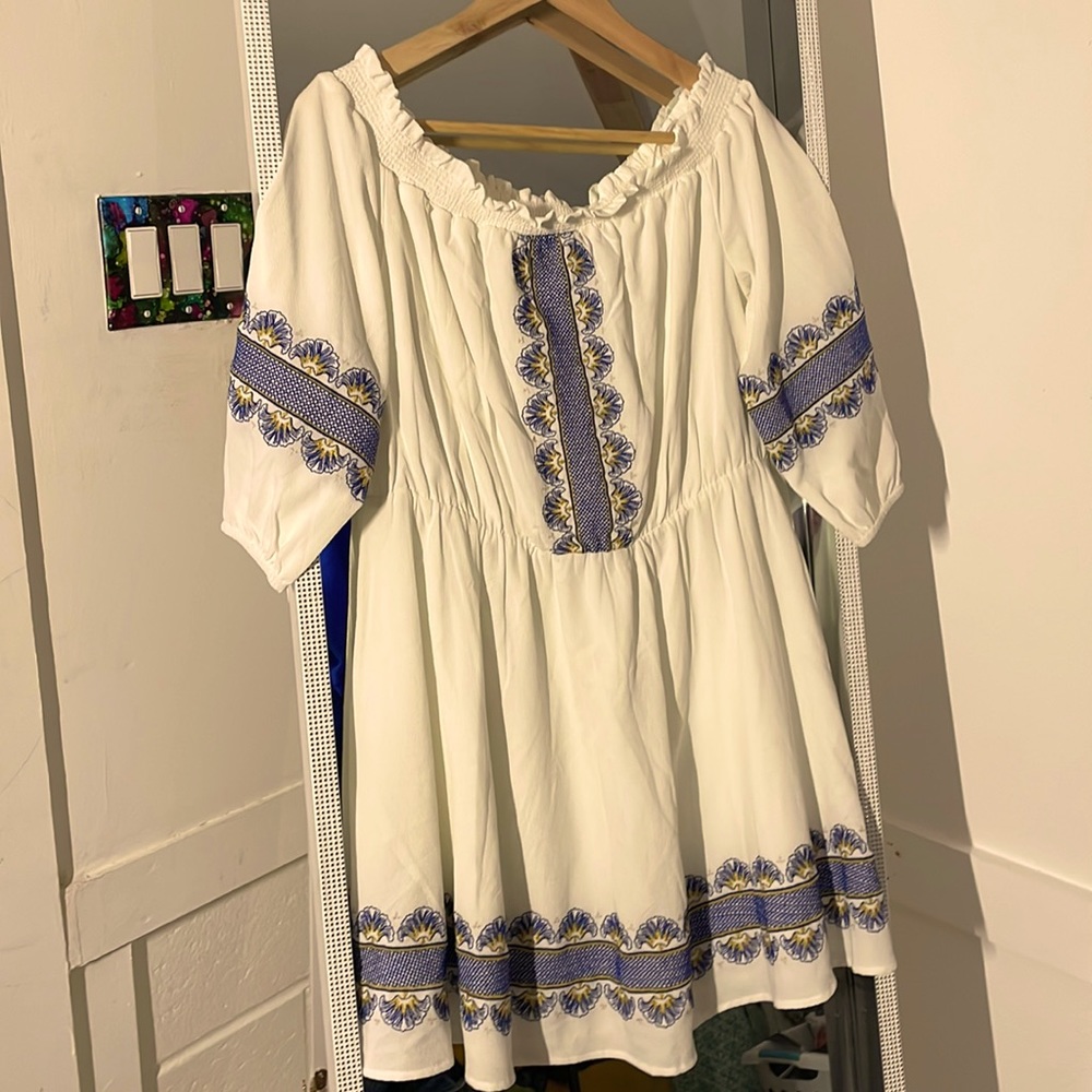 Kari blue off the shoulder embroidered swing dress